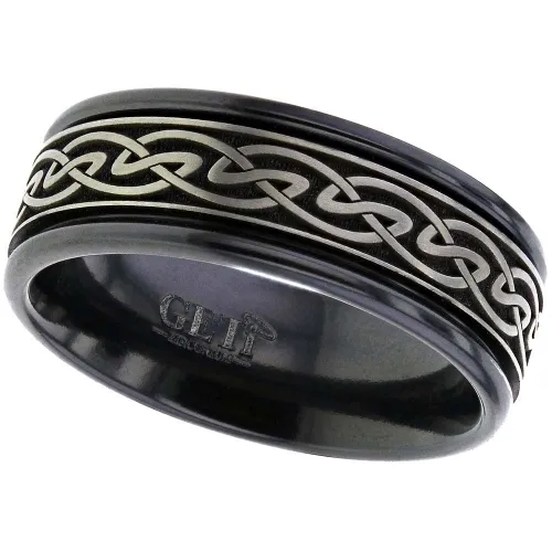 Zirconium Ring with Edge Rails and a Laser Engraved Celtic Knot